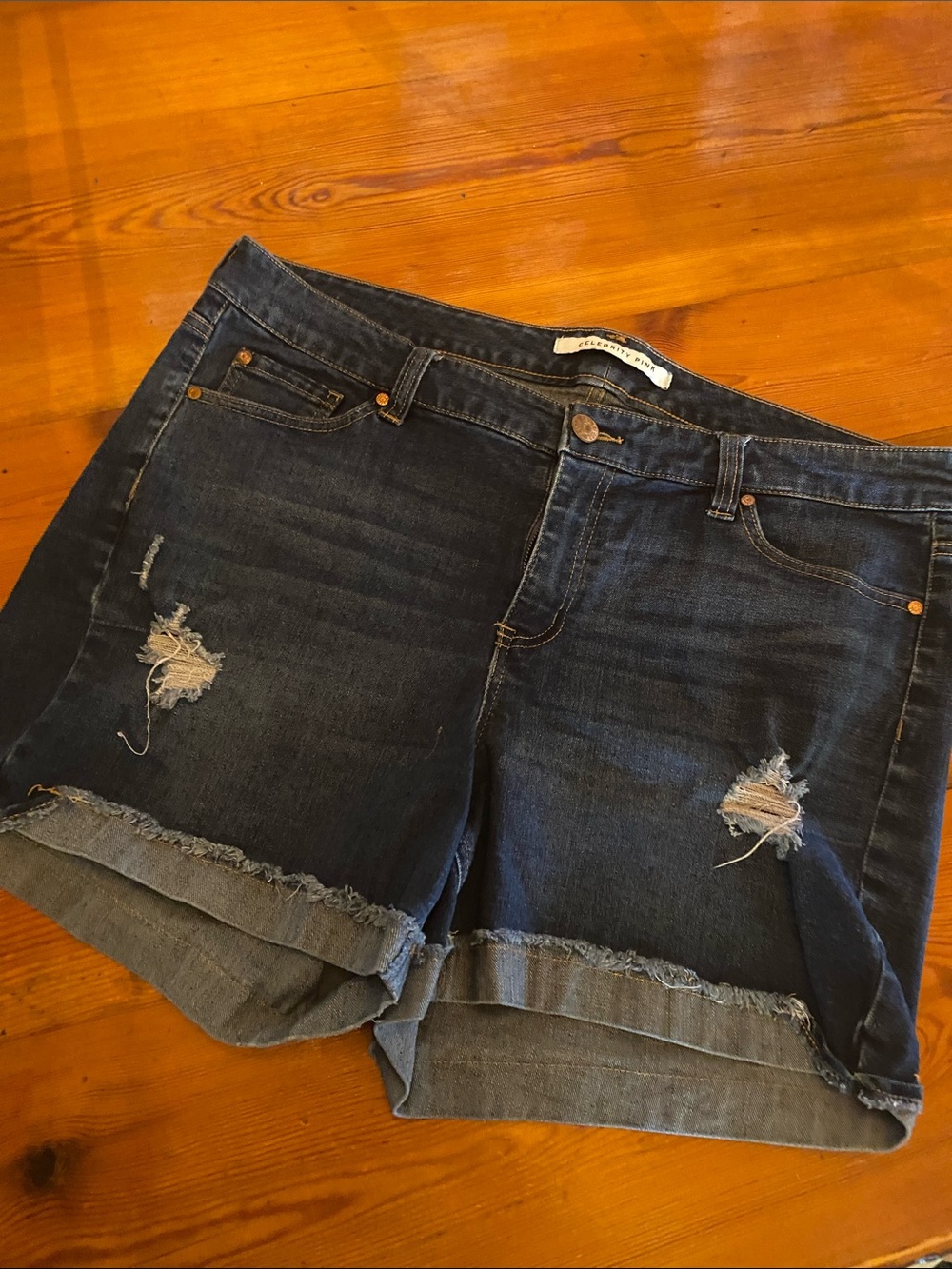 Celebrity Pink Dark Blue Distressed Denim Roll-Hem Shorts